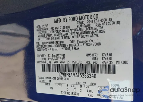 2014 Ford Mustang V6 z USA, uszkodzony, nr VIN 1ZVBP8AM6E5283340